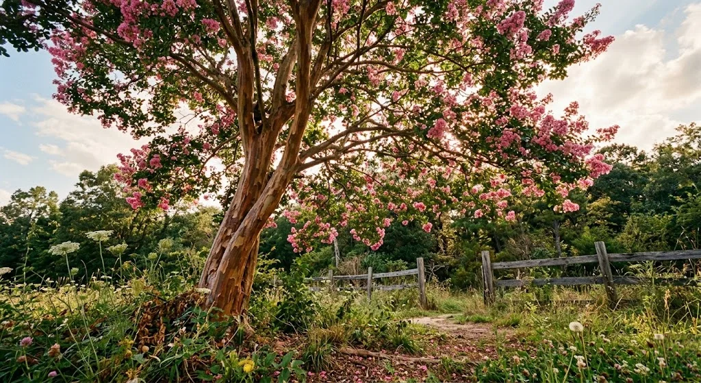 crape myrtle tree blooming backwoods yard