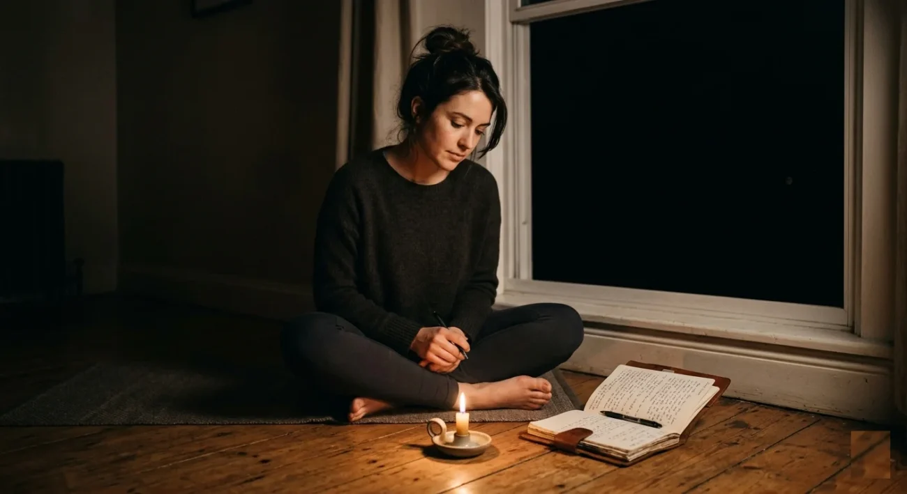 Woman practicing dark moon rituals by candlelight at night