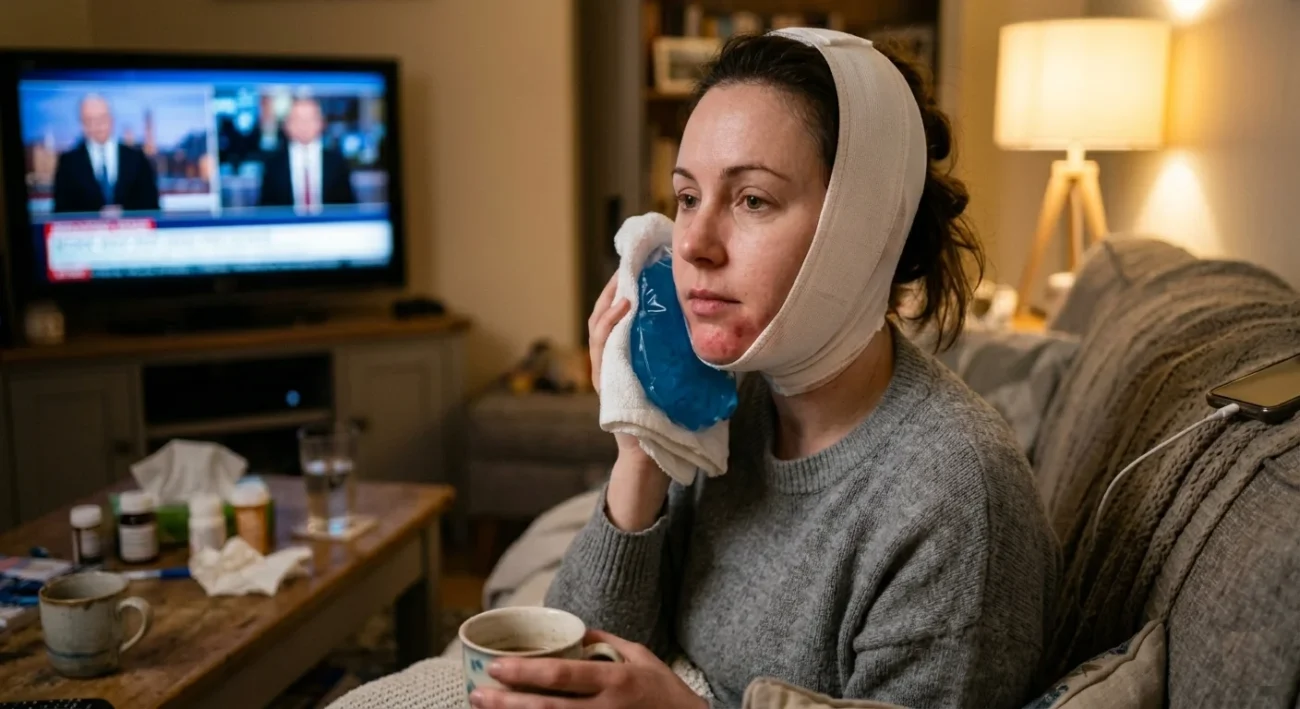 Woman resting at home in a compression garment after FaceTite jawline and neck treatment