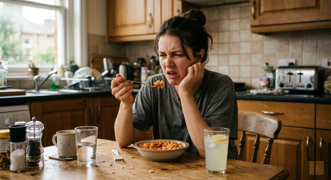 Pregnant woman making a face because food tastes metallic, with lemonade nearby