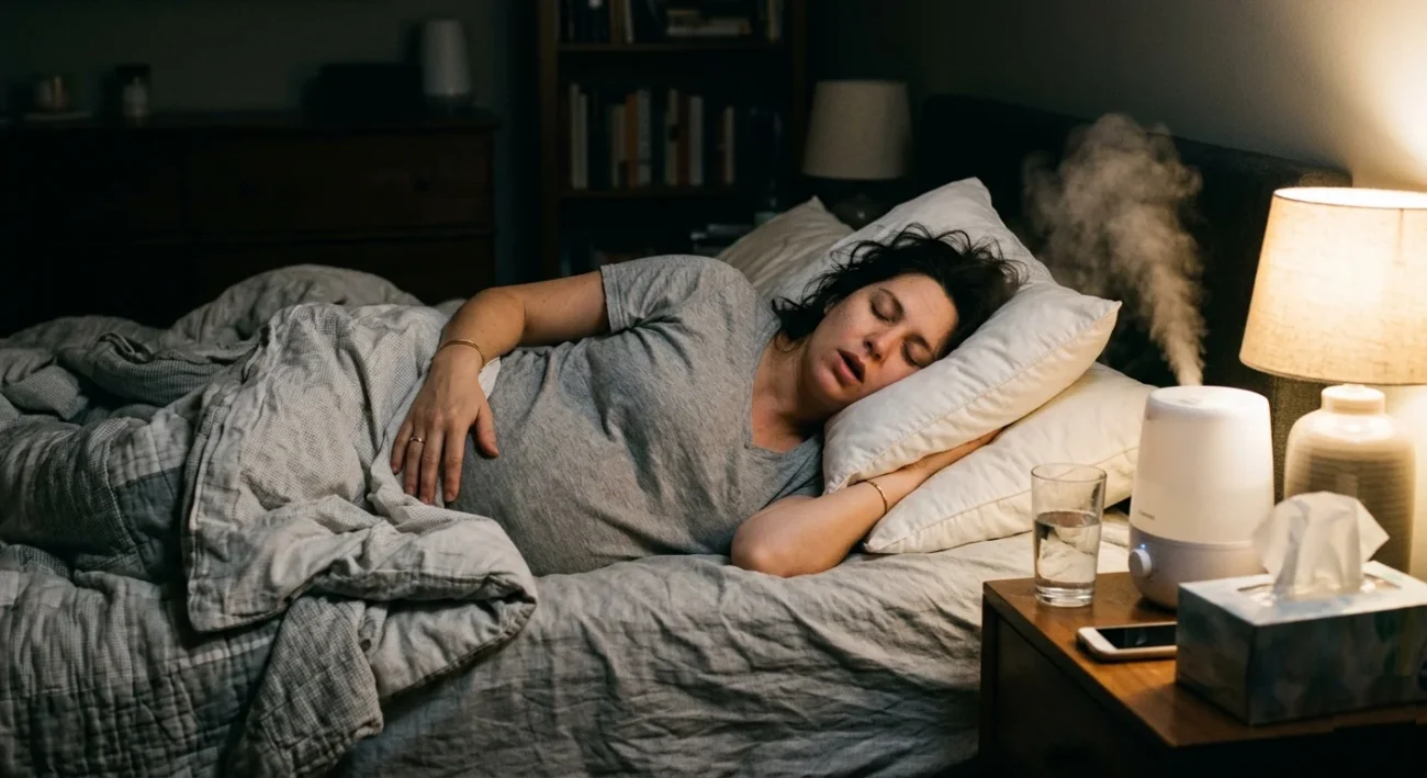 Pregnant woman sleeping propped on pillows with a humidifier for stuffy nose relief