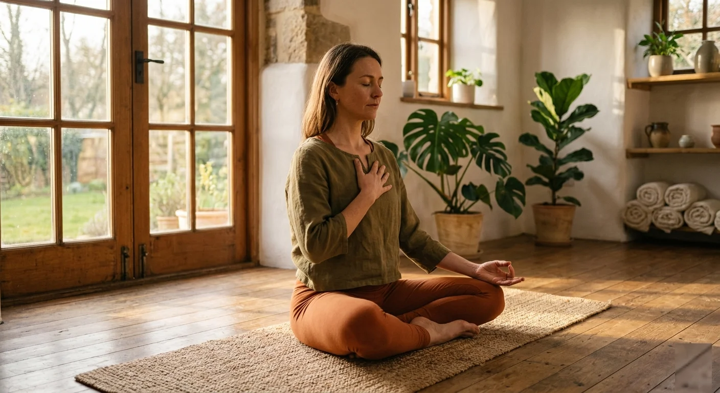 oga instructor feeling heartbeat on mat in calm studio with morning light
