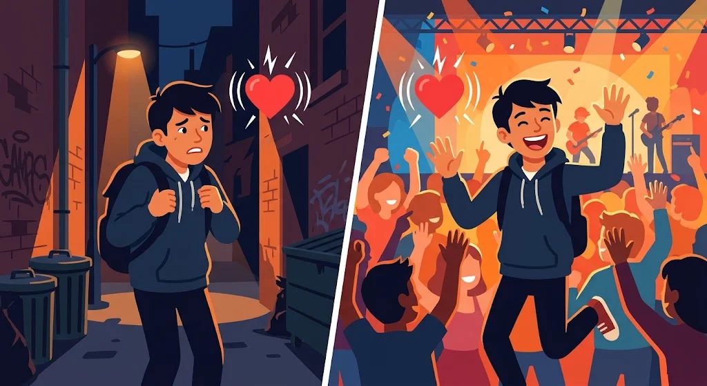 Split illustration showing same heartbeat feeling fear in one situation and excitement in another