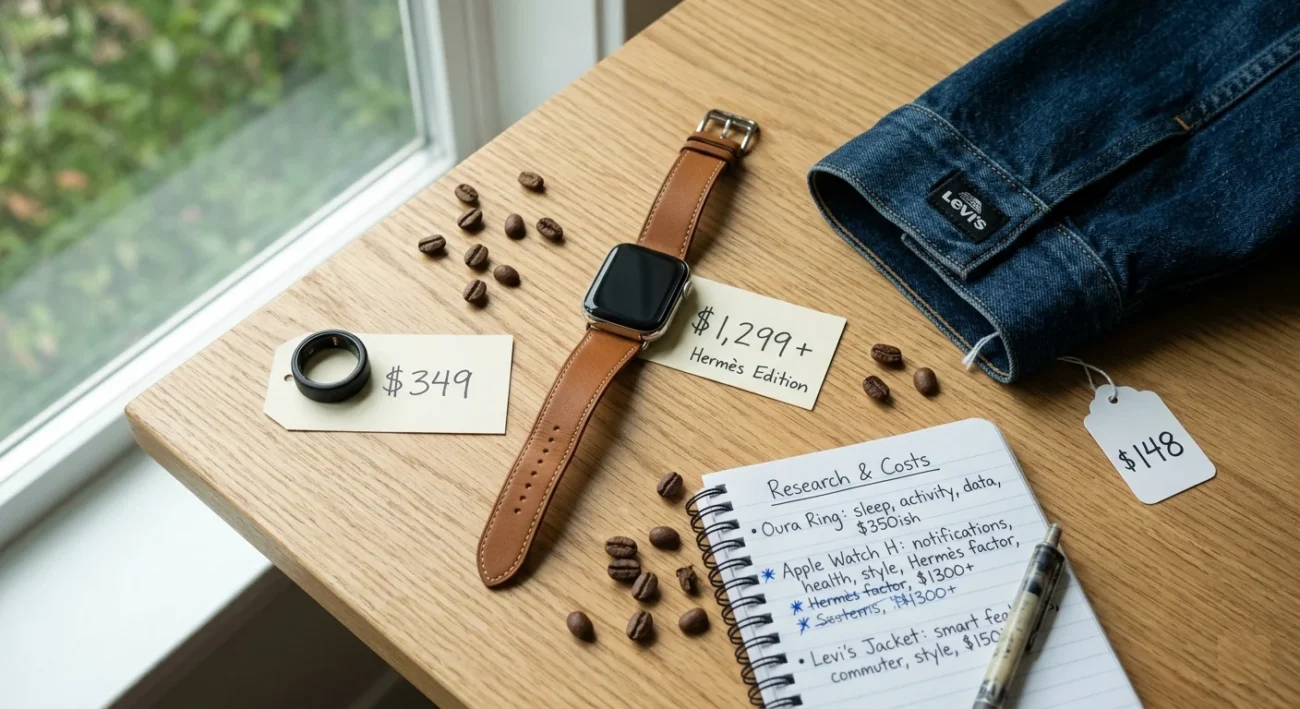 Wearable tech fashion price comparison chart showing smart rings and watches on a minimalist desk.