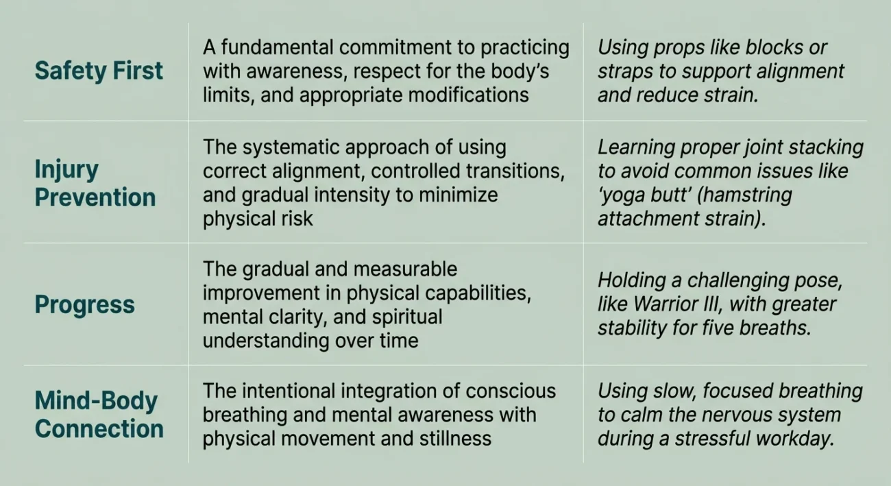 Infographic showing four benefits of yoga cues — safety, injury prevention, progress, and mind-body connection
